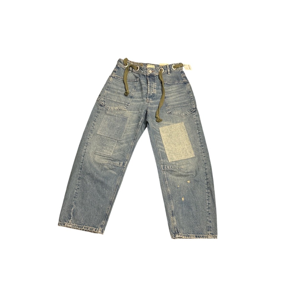 Free People We The Free Good Luck Mid-Rise Barrel Jeans Blue Patchwork NWT 27